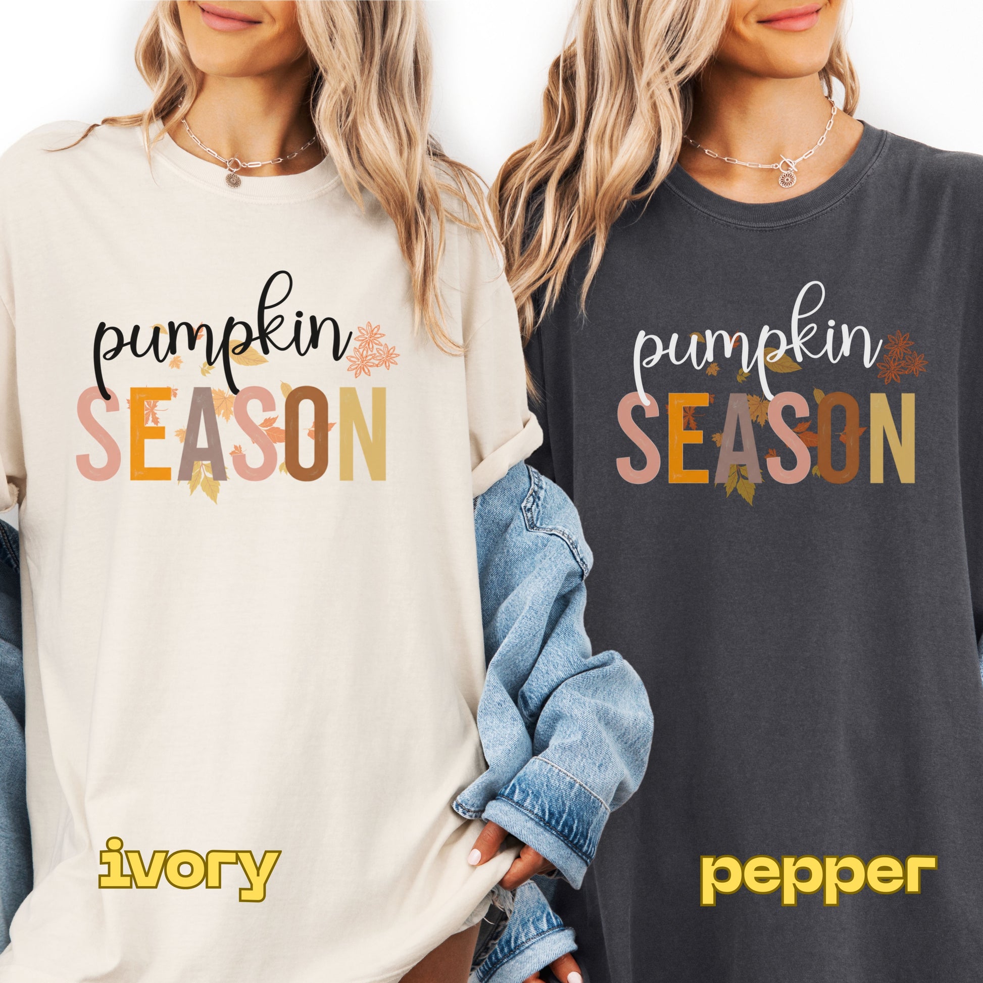 Two people wearing 'Pumpkin Season' shirts in ivory and pepper colors.