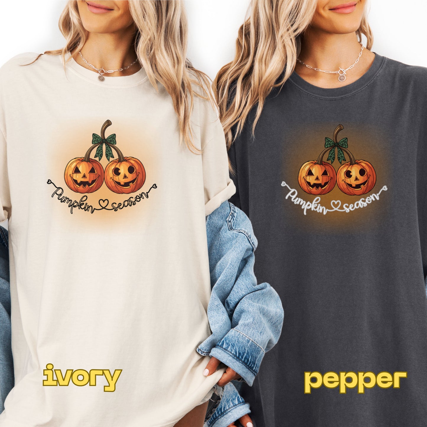 Two people wearing sweatshirts with pumpkin design and 'Pumpkin season' text, labeled 'ivory' and 'pepper'.