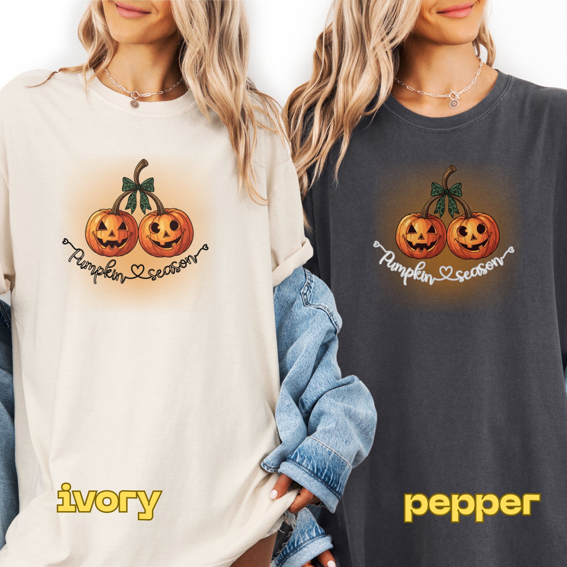 Two people wearing sweatshirts with pumpkin design and 'Pumpkin season' text, labeled 'ivory' and 'pepper'.