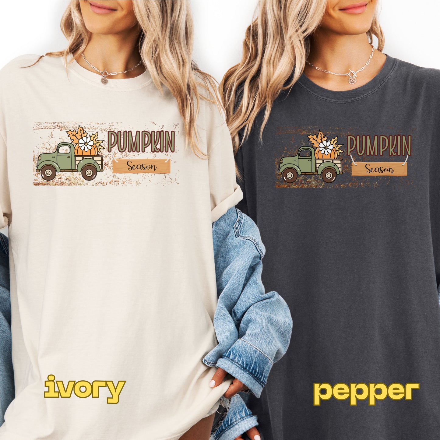 Two people wearing sweatshirts with a 'Pumpkin Season' design, one in ivory and one in pepper color.