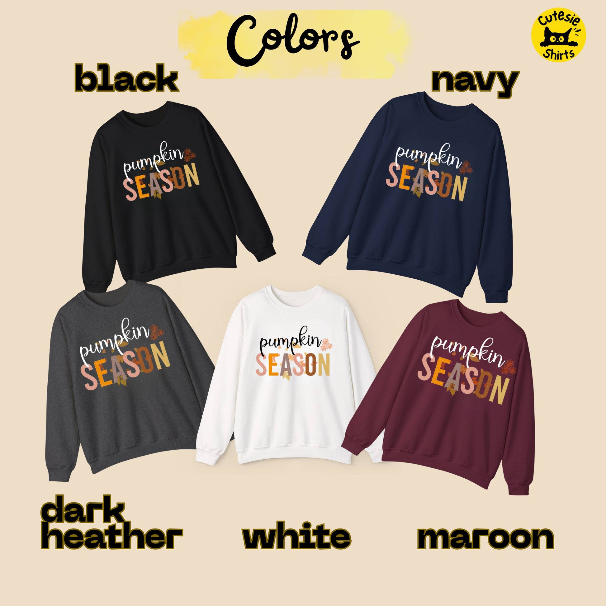 Five sweatshirts in black, navy, dark heather, white, and maroon with 'Pumpkin Season' text on a beige background.