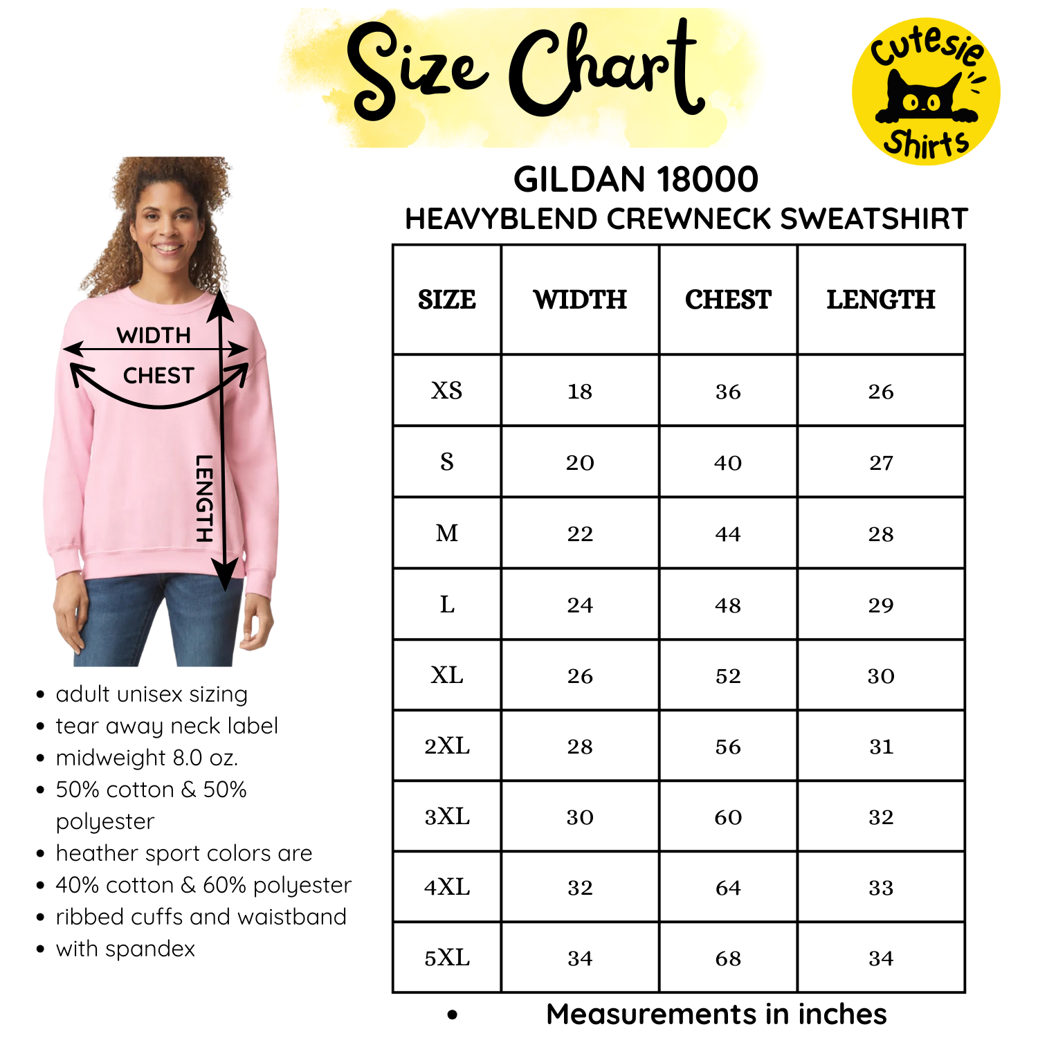 Size chart for Gildan 18000 HeavyBlend Crewneck Sweatshirt with a model wearing a pink sweatshirt.