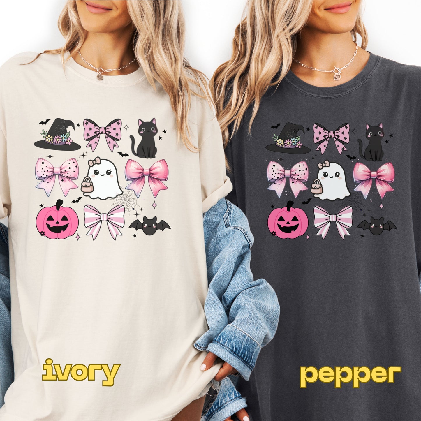 Two people wearing sweatshirts with Halloween-themed designs in ivory and pepper colors.