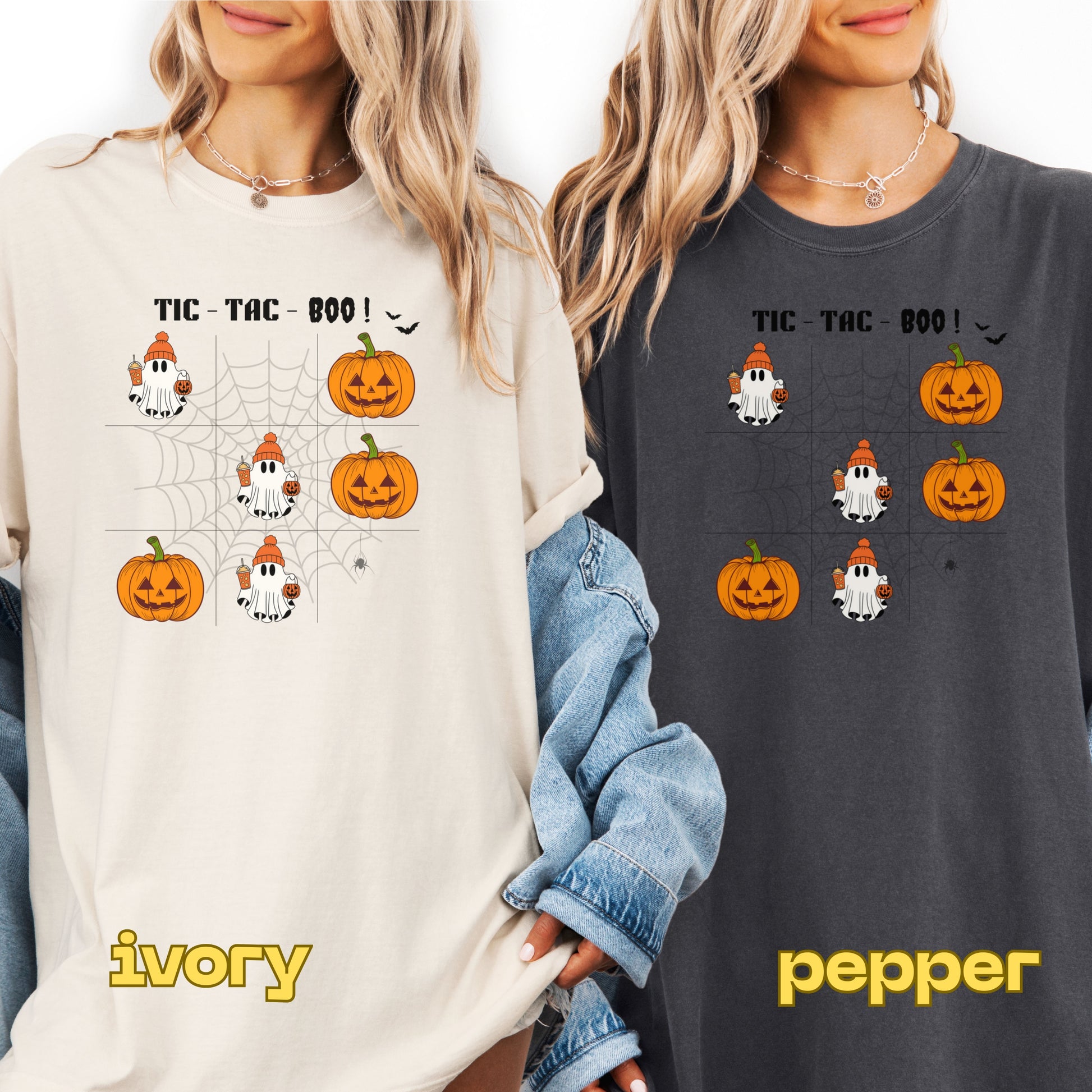 Two people wearing Halloween-themed shirts with pumpkins and ghosts, labeled 'ivory' and 'pepper'.