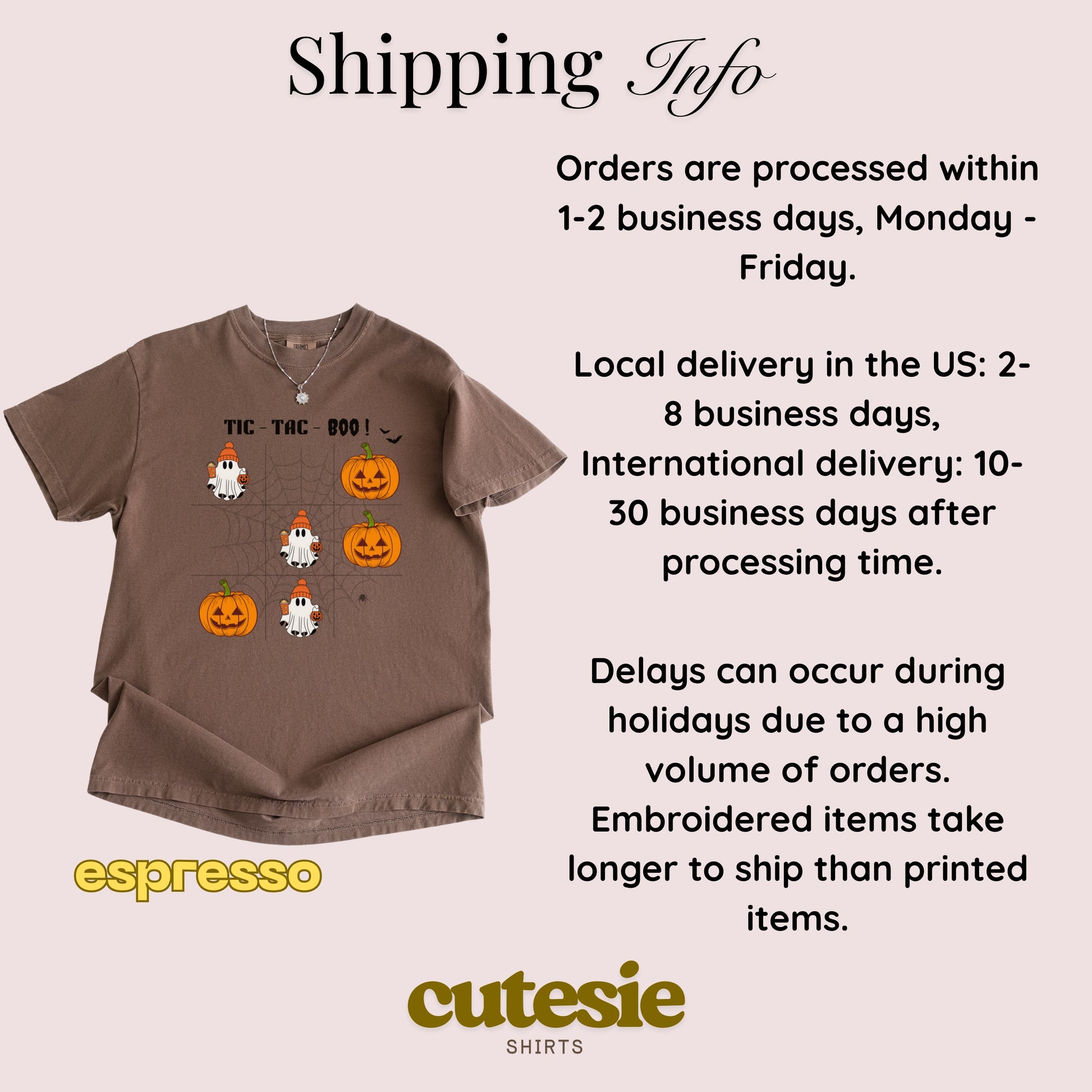 Brown t-shirt with Halloween designs and shipping information on a light pink background