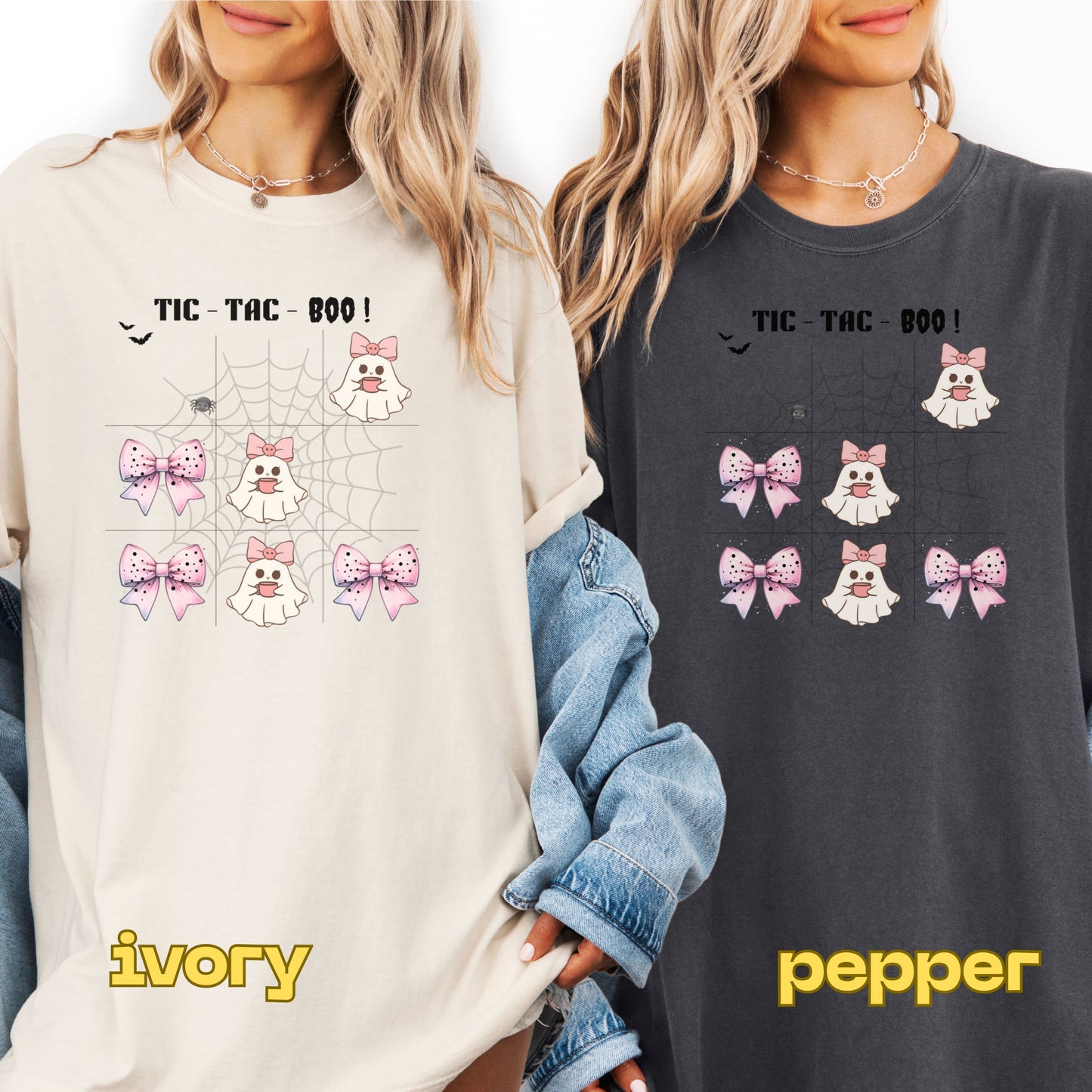 Two people wearing shirts with a Halloween-themed design featuring ghosts and bows, labeled 'ivory' and 'pepper'.