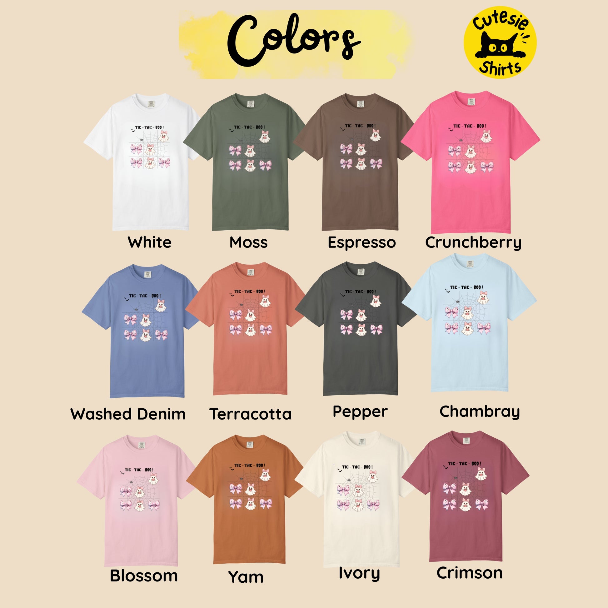 Collection of t-shirts in various colors with brand name 'Cutesie Shirts' displayed.