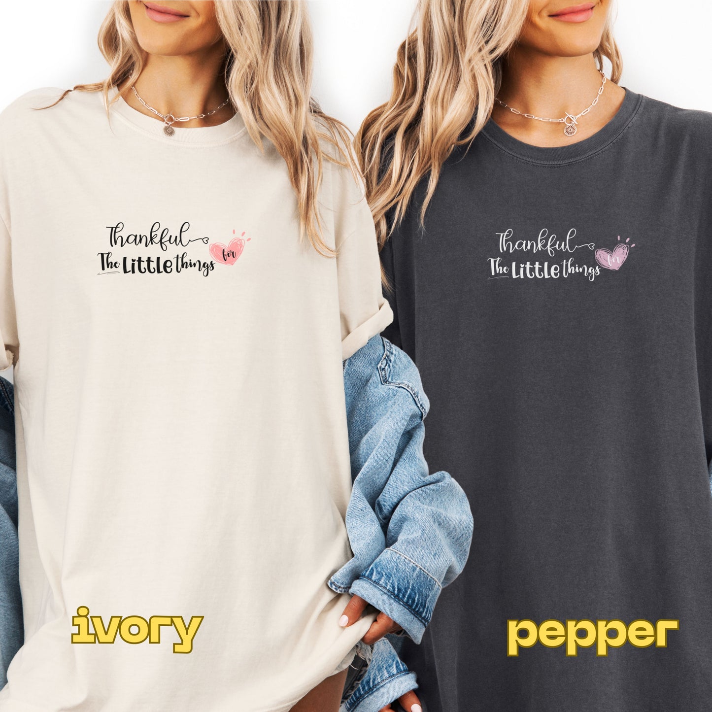 Two people wearing sweatshirts with text and color labels 'ivory' and 'pepper'.