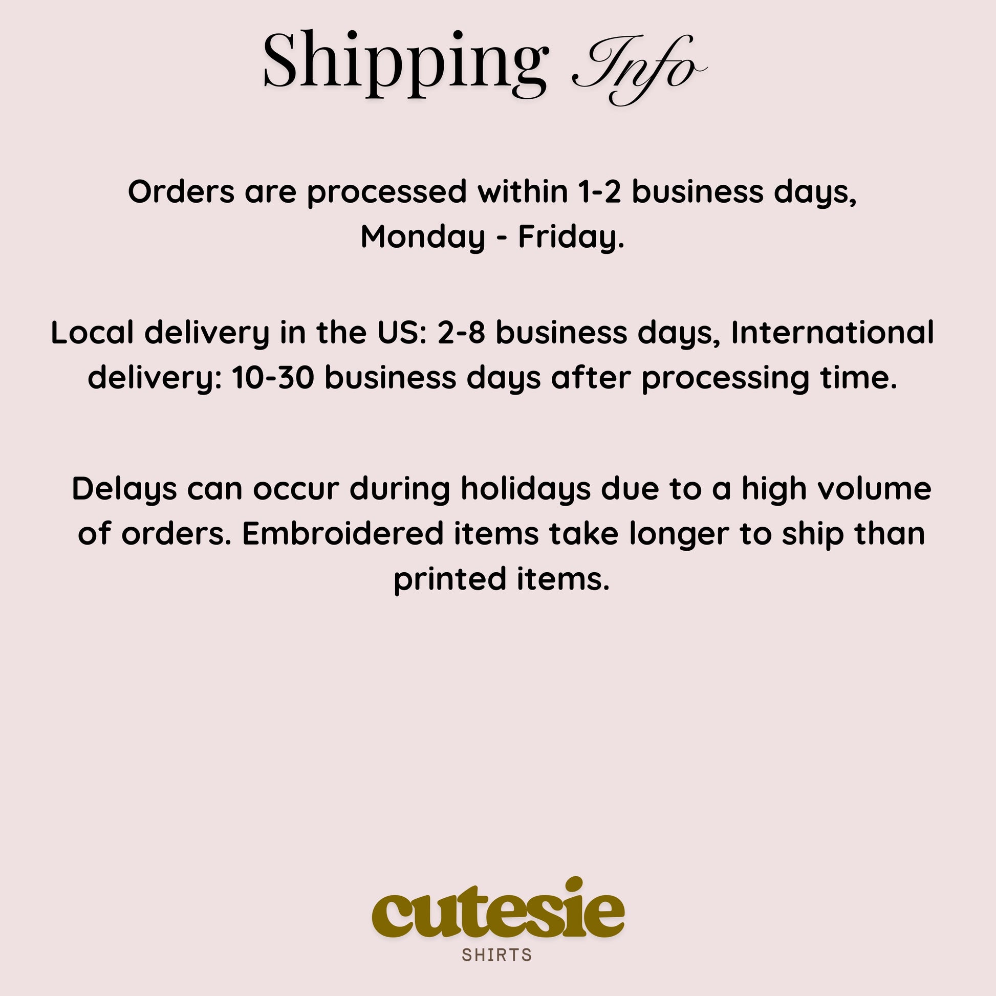 Shipping information text on a light pink background with 'cutesie shirts' logo.