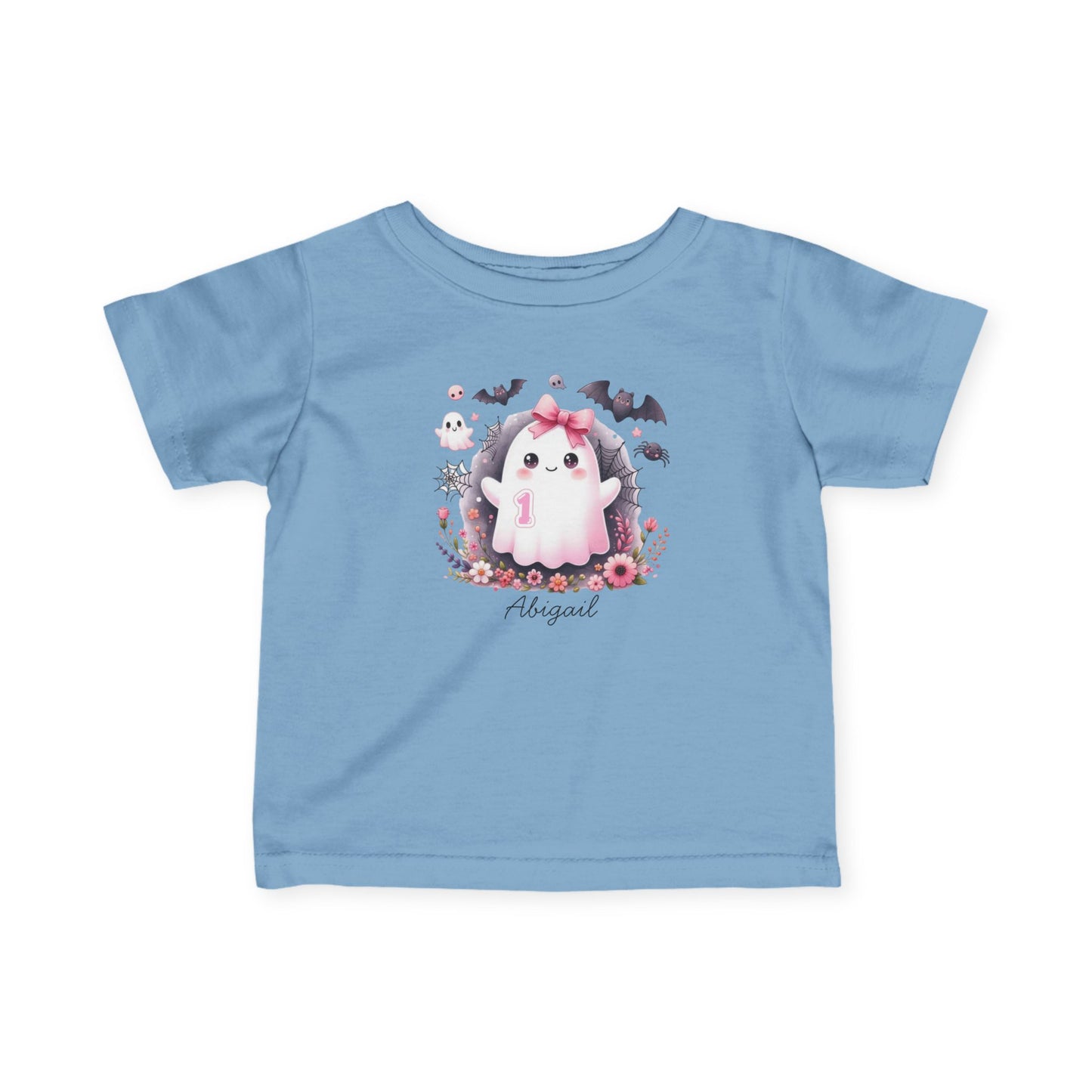 Blue t-shirt with a cartoon ghost design and floral elements on a white background