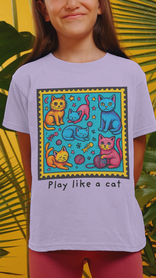 Play Like A Cat Pop Art Style Youth Tee, Comfort Colors T-Shirt for Kids, Cat Lover Gift, Graphic Print Shirt, Kitty Theme Clothing