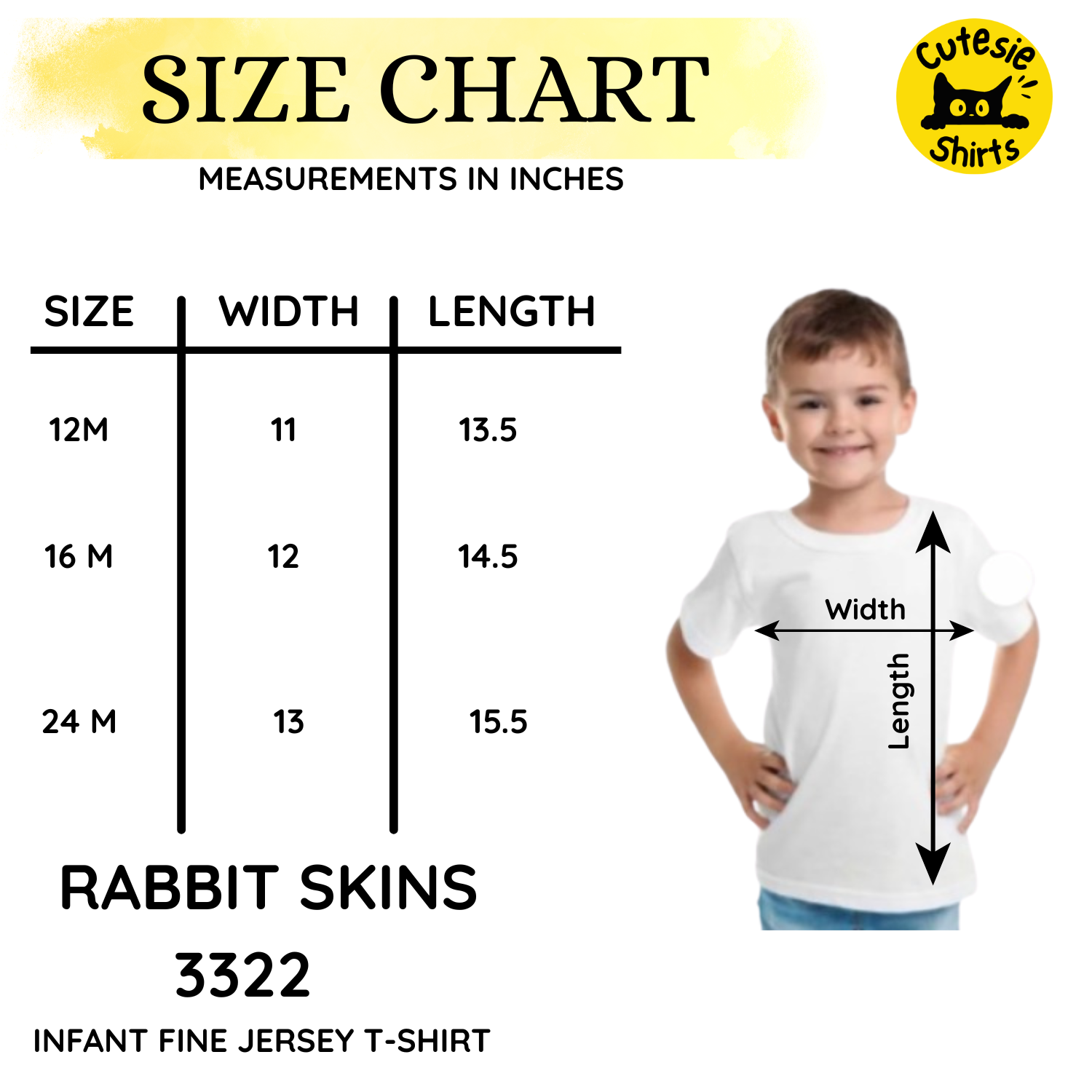 Size chart for infant fine jersey t-shirt with a child model and Cutesie Shirts logo.